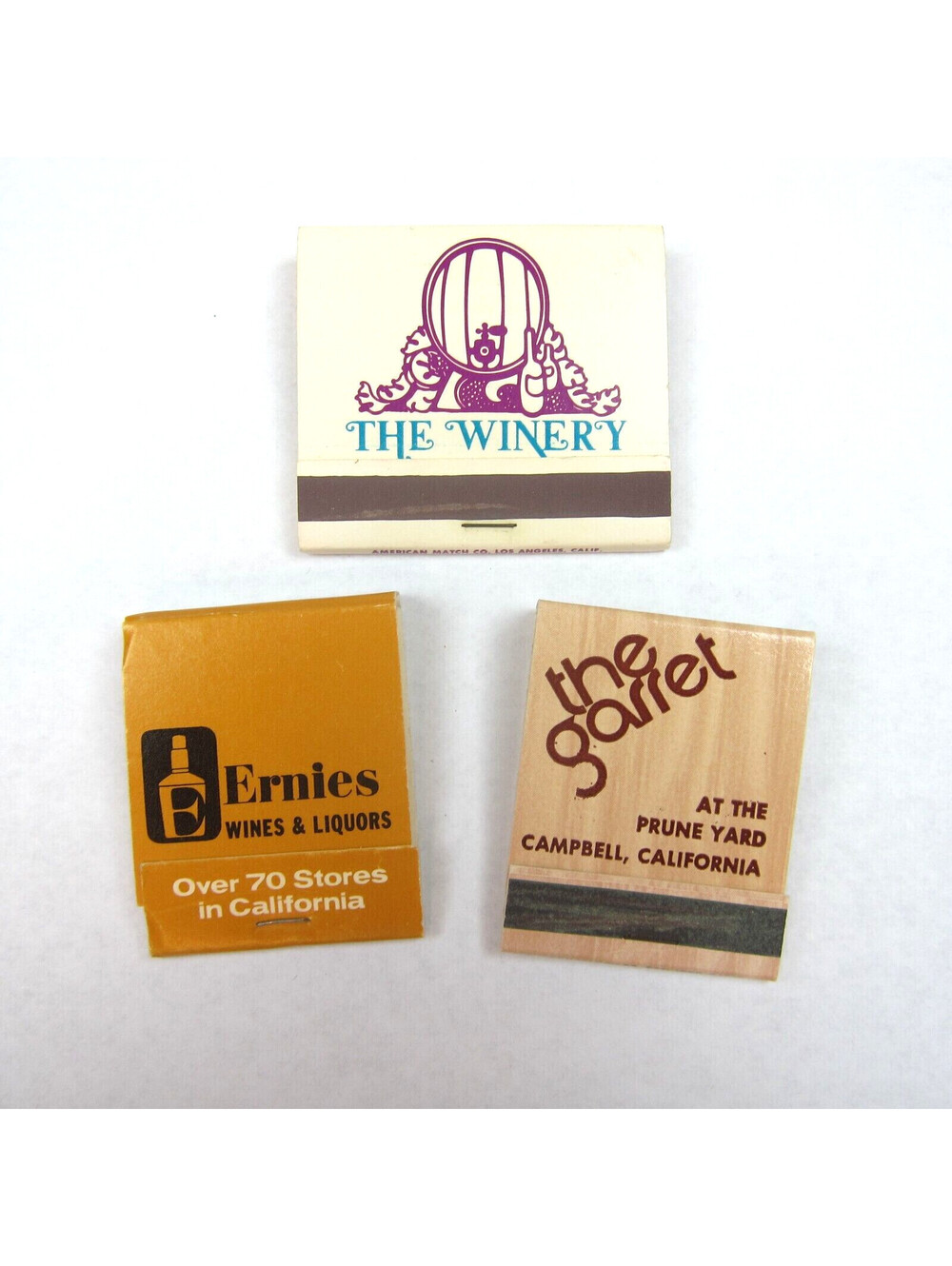 3 Vintage Matchbooks The Winery, Ernies Wines & The Garret California Restaurant